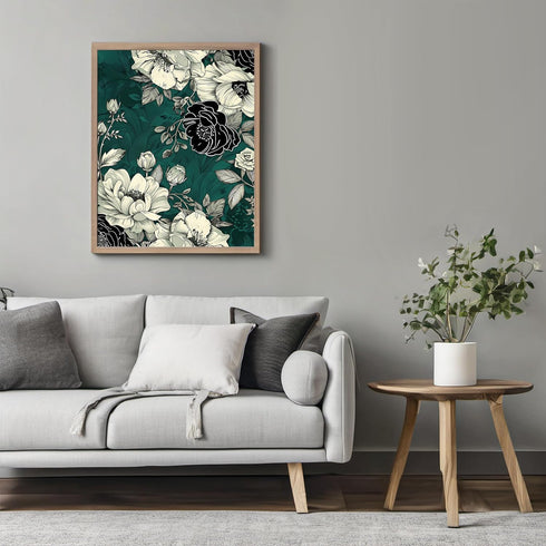 Posterizer 1 pcs-white and black flowers with green background-Floral & Botanical Art-Abstract & Modern Art-Decor for Home & Office- UNFRAMED Wall...